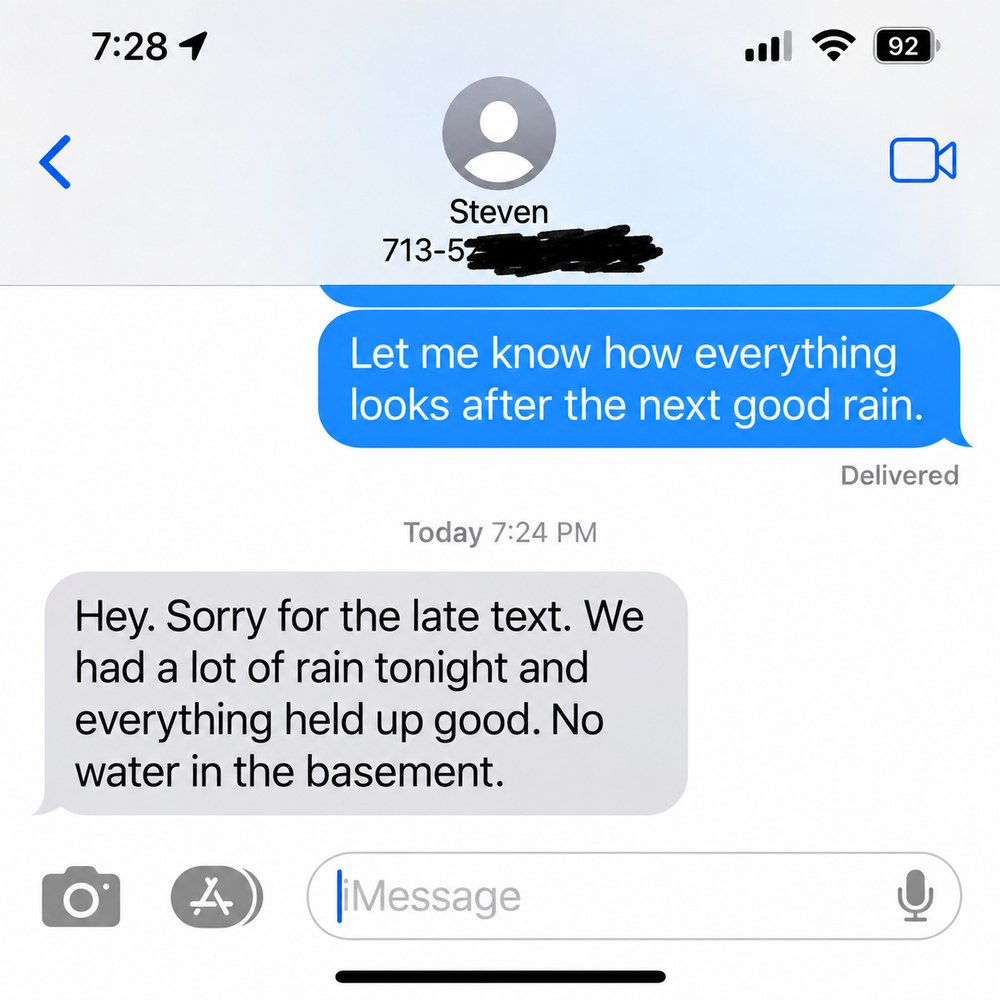 Houston Customer Testimonial: Thanks for fixing the yard drainage. Made a huge difference