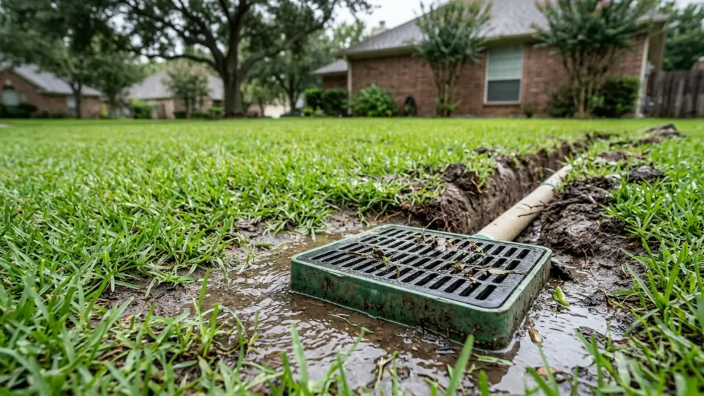 Catch basin grate in a wet lawn