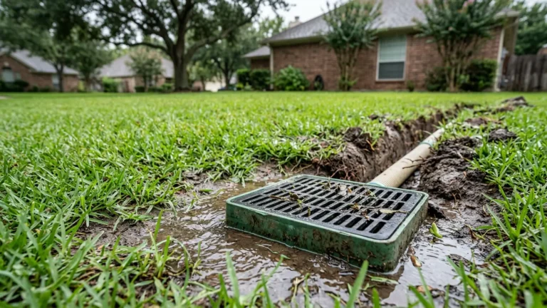 Catch basin grate in a wet lawn
