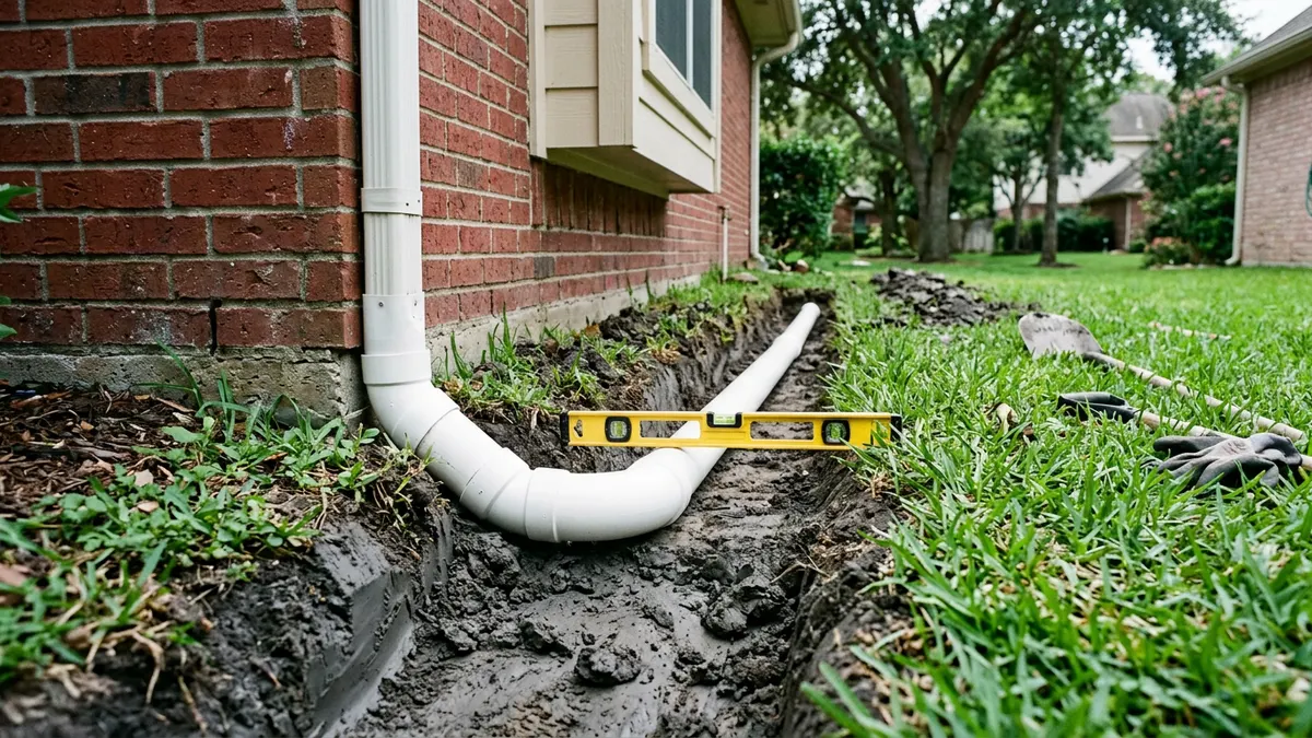 Buried downspout pipe in shallow trench