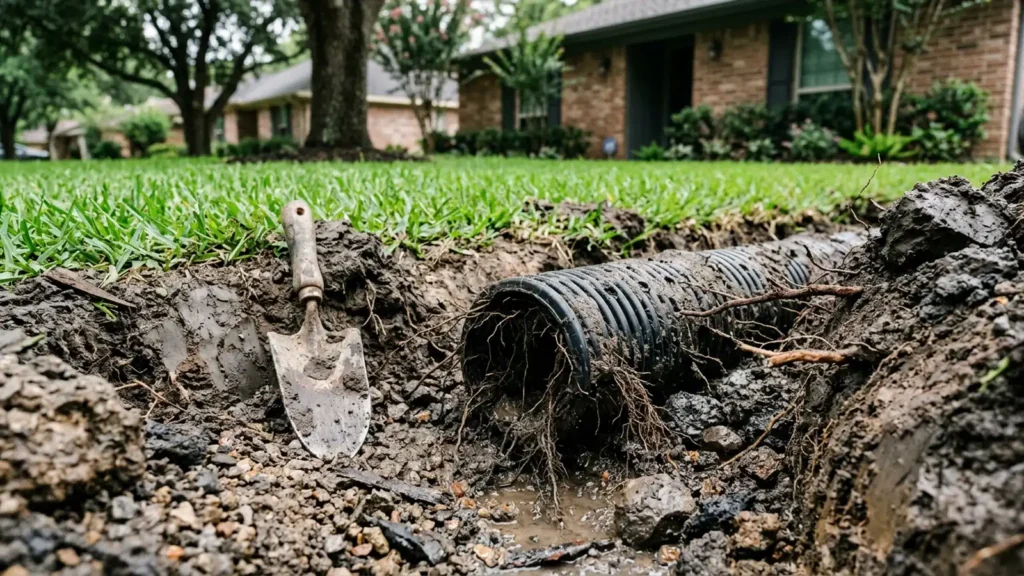 Clogged French drain pipe dug for repair