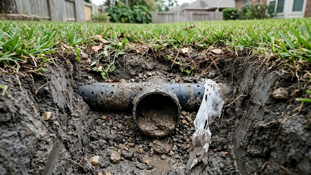 Silt-clogged French drain pipe in clay
