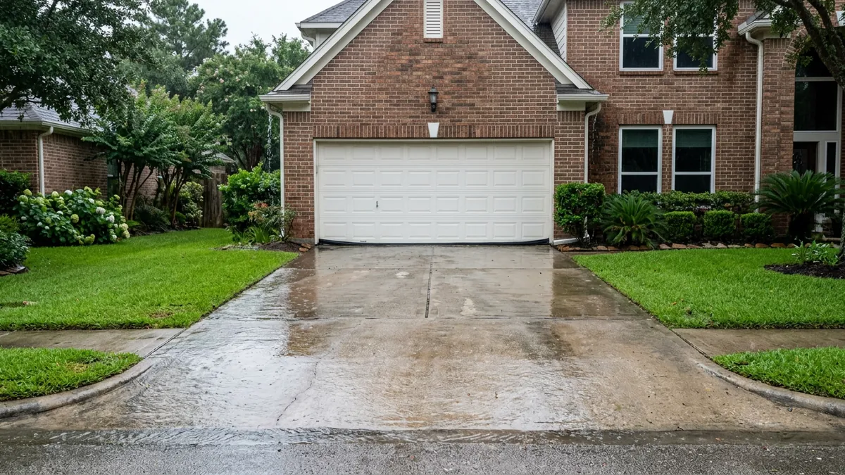 Rainwater running down driveway toward garage