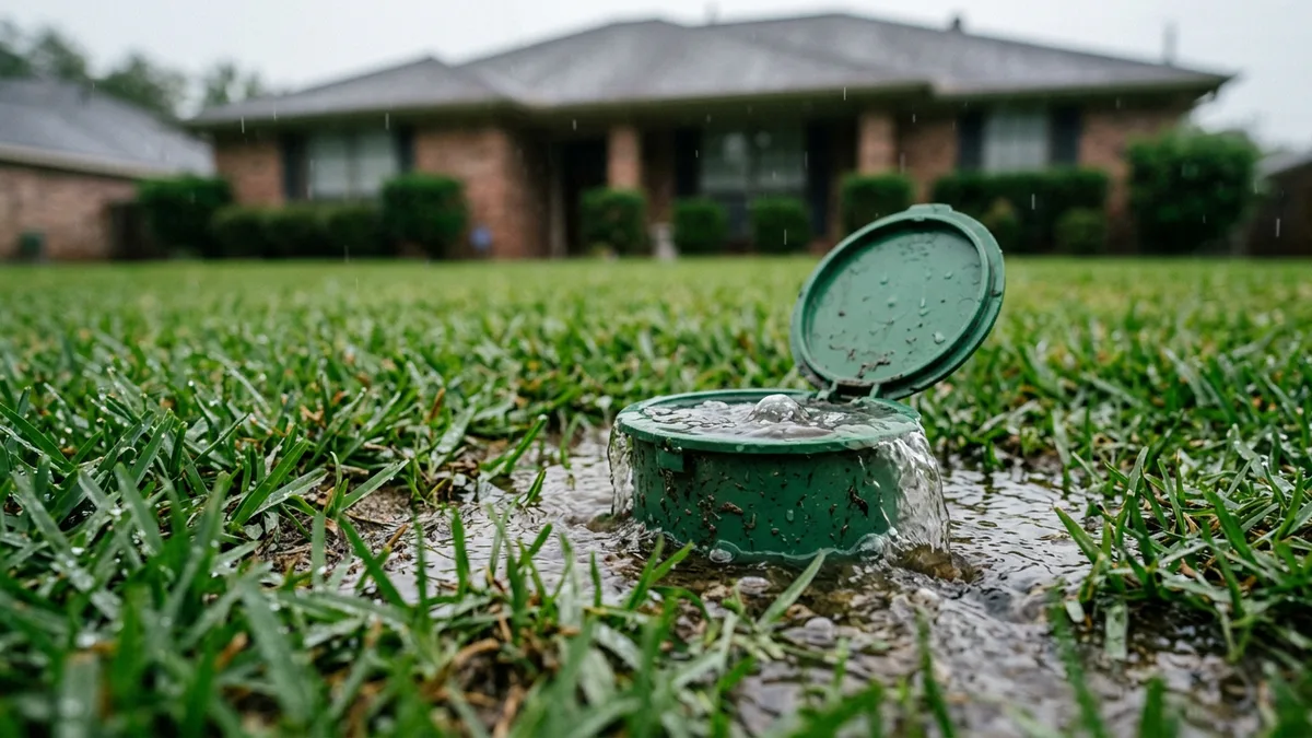 Pop-up drain emitter open in lawn