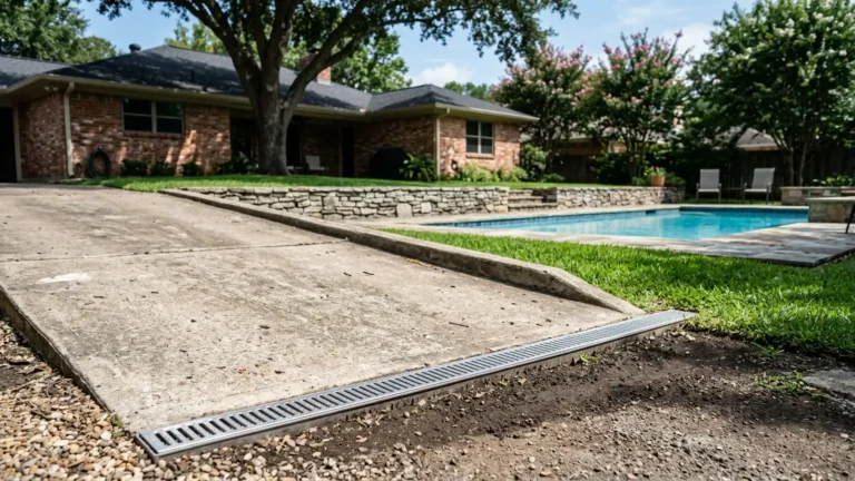 Channel drain across a sloped concrete driveway