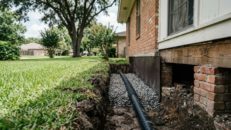 Foundation drainage trench beside a raised house