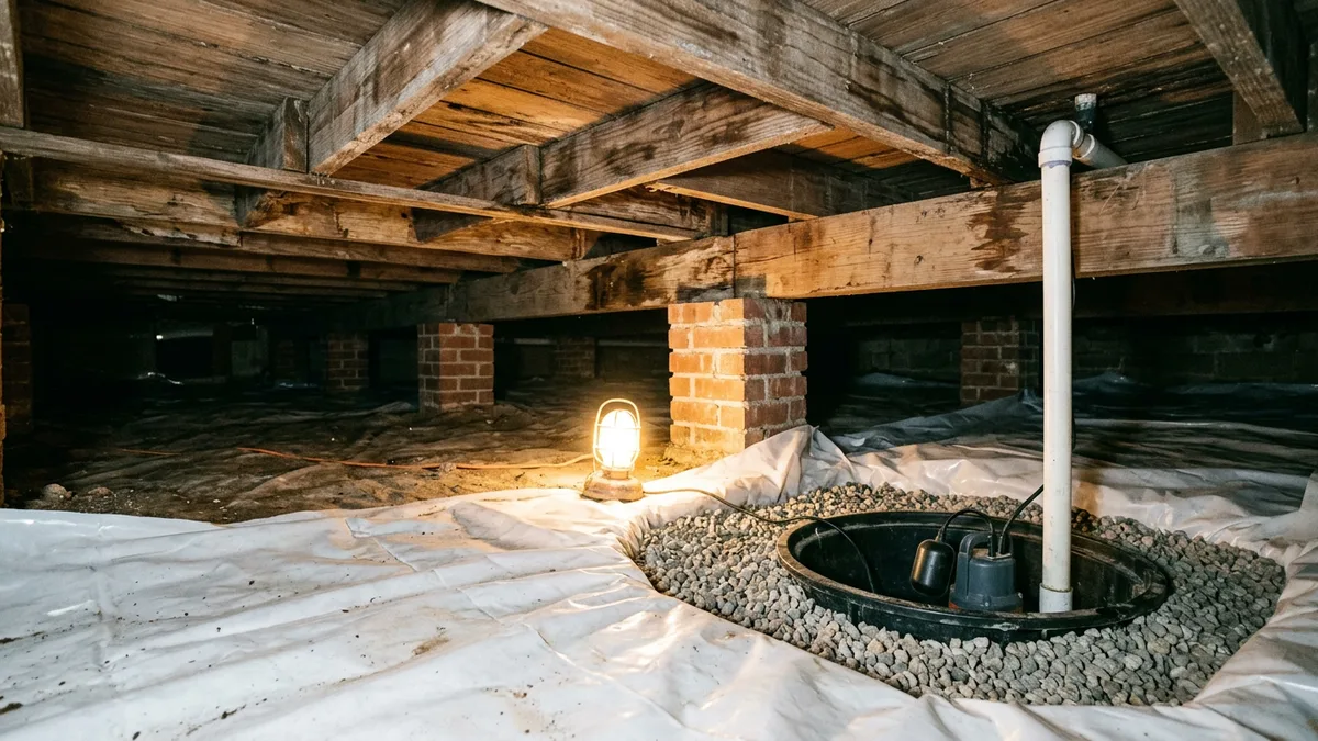Crawl space sump pump in gravel pit