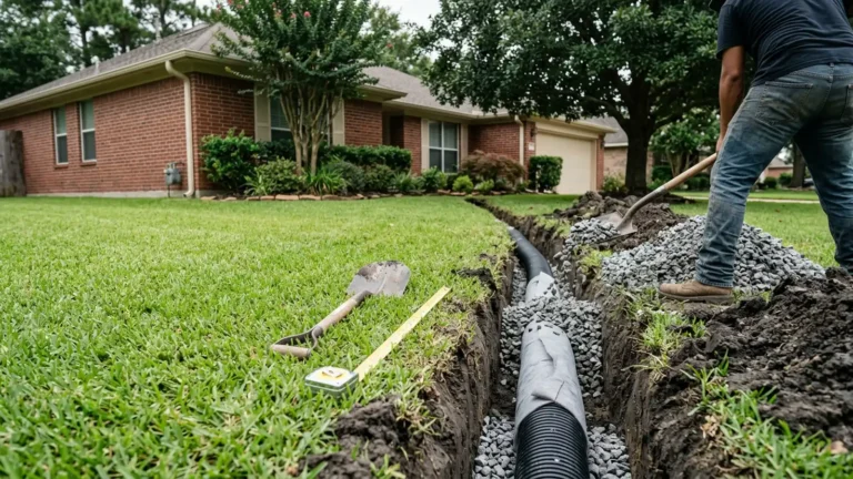 French drain installation: pipe covered with gravel