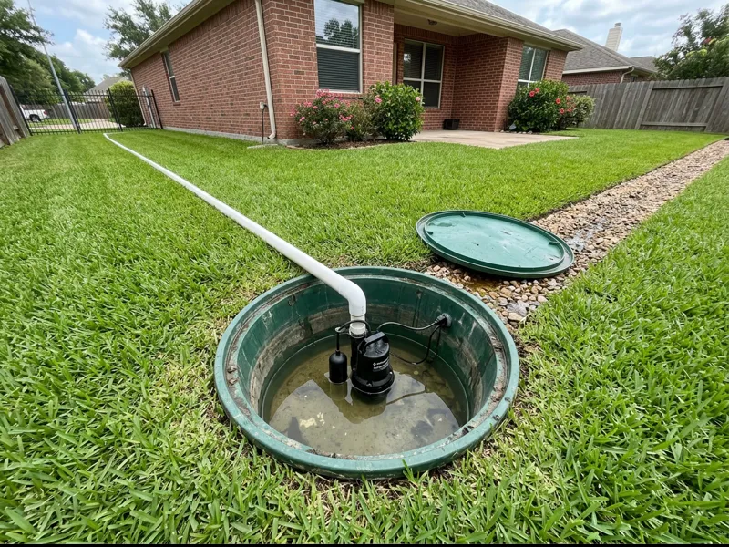Yard sump pump basin with discharge pipe