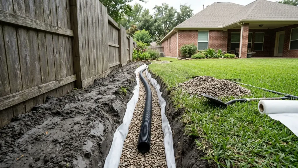 French drain trench dug in Houston clay