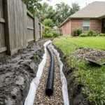 French drain trench dug in Houston clay