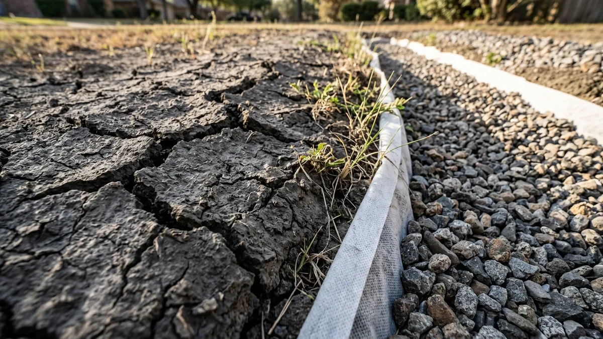 Cracked dry clay soil beside drain trench
