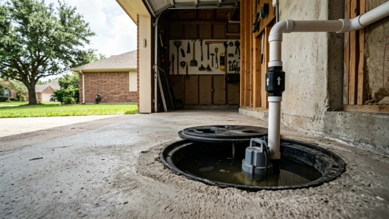 Sump pump pit with PVC discharge pipe