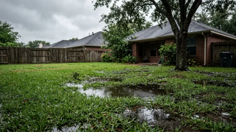 Standing water on a flooded Houston backyard