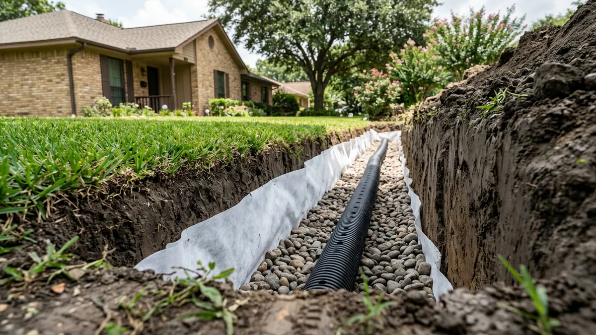 Yard drainage trench with pipe and gravel