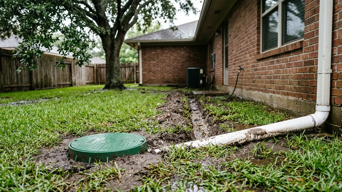 Yard sump pump pit in wet lawn