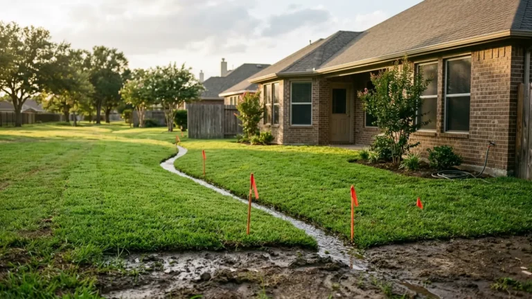 Grass swale draining a graded Houston backyard